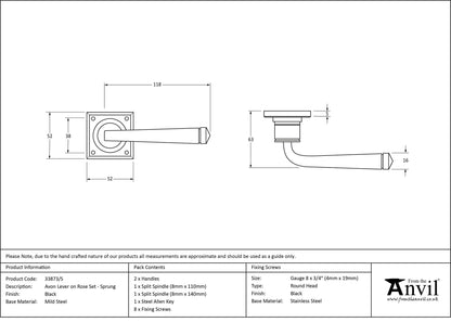 AVON LEVER HANDLE ON ROSE SPRUNG 52x118x63 BLK - 33873/S by MARCHES (ANVIL) ARCHITECTURAL HARDWARE