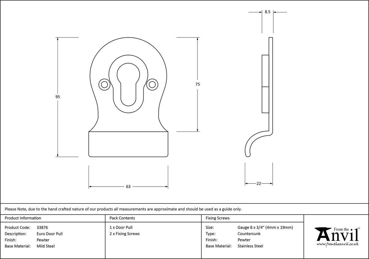 EURO DOOR PULL FACE FIX 95x63x22 PEW - 33876 by MARCHES (ANVIL) ARCHITECTURAL HARDWARE