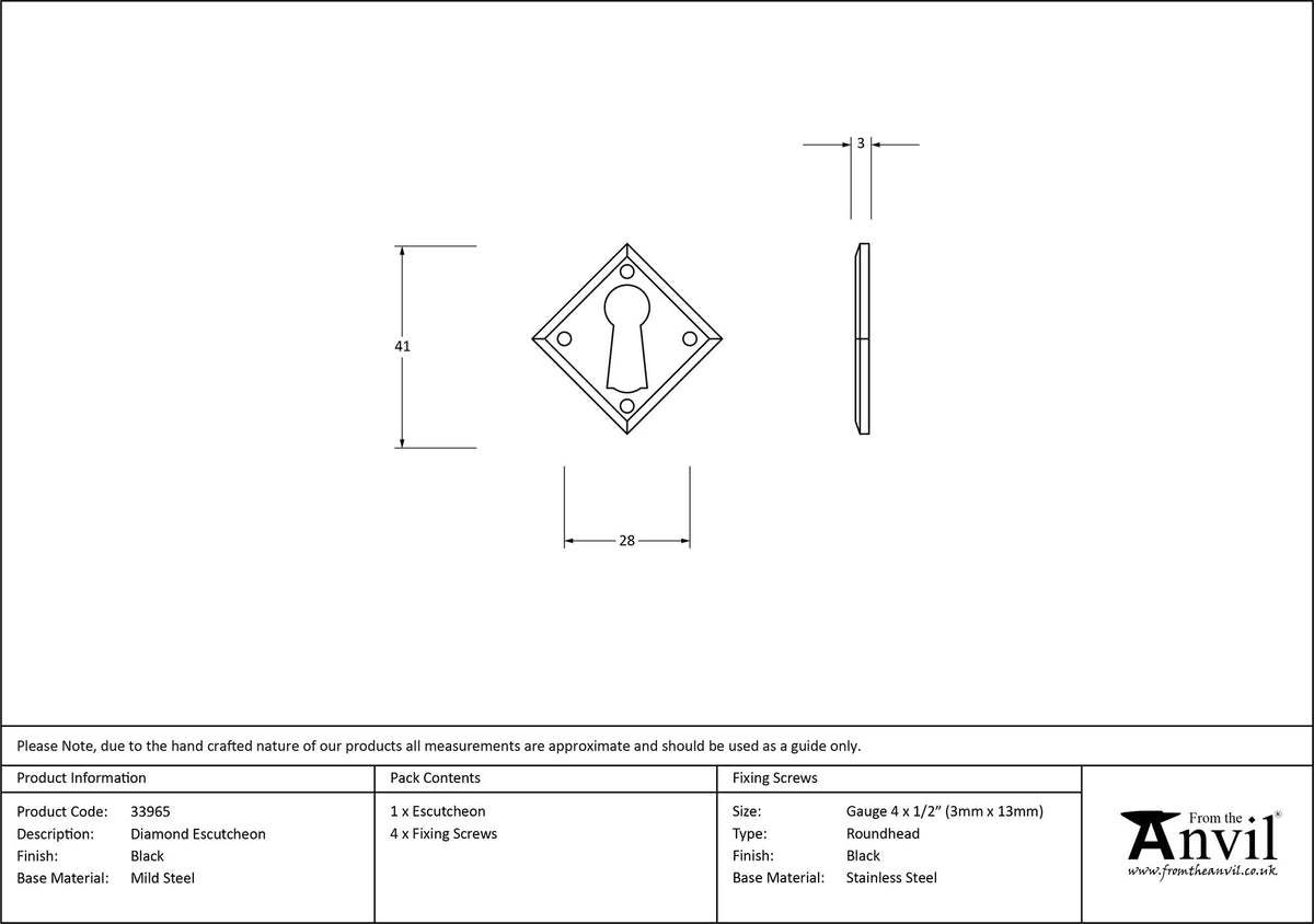 ESCUTCHEON DIAMOND 41x41x2.5 BLK - 33965 by MARCHES (ANVIL) ARCHITECTURAL HARDWARE