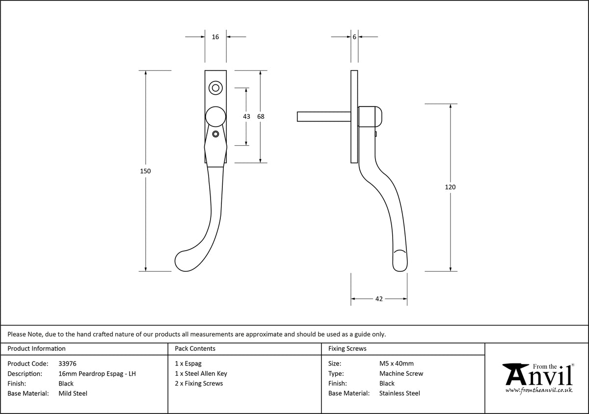 PEARDROP ESPAGNOLETTE LH 150x16x42 BLK - 33976 by MARCHES (ANVIL) ARCHITECTURAL HARDWARE