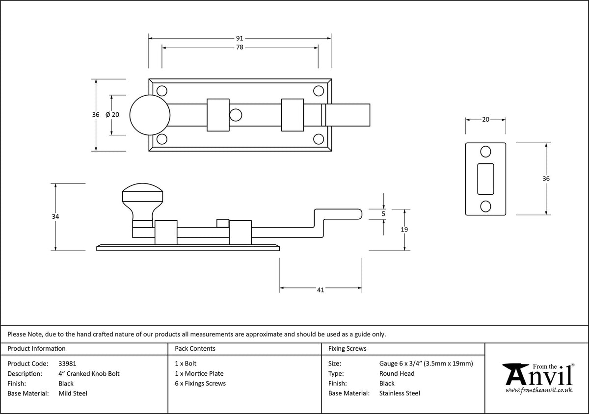 KNOB BOLT CRANKED 091x36x34 BLK - 33981 by MARCHES (ANVIL) ARCHITECTURAL HARDWARE