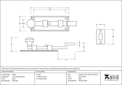 KNOB BOLT CRANKED 091x36x34 BLK - 33981 by MARCHES (ANVIL) ARCHITECTURAL HARDWARE