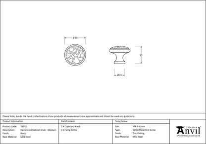 HAMMERED CABINET KNOB 30x25x15 BLK - 33992 by MARCHES (ANVIL) ARCHITECTURAL HARDWARE