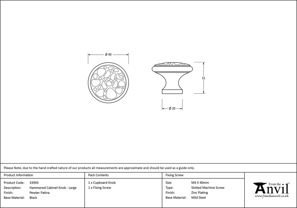 HAMMERED CABINET KNOB 40x31x20 BLK - 33993 by MARCHES (ANVIL) ARCHITECTURAL HARDWARE
