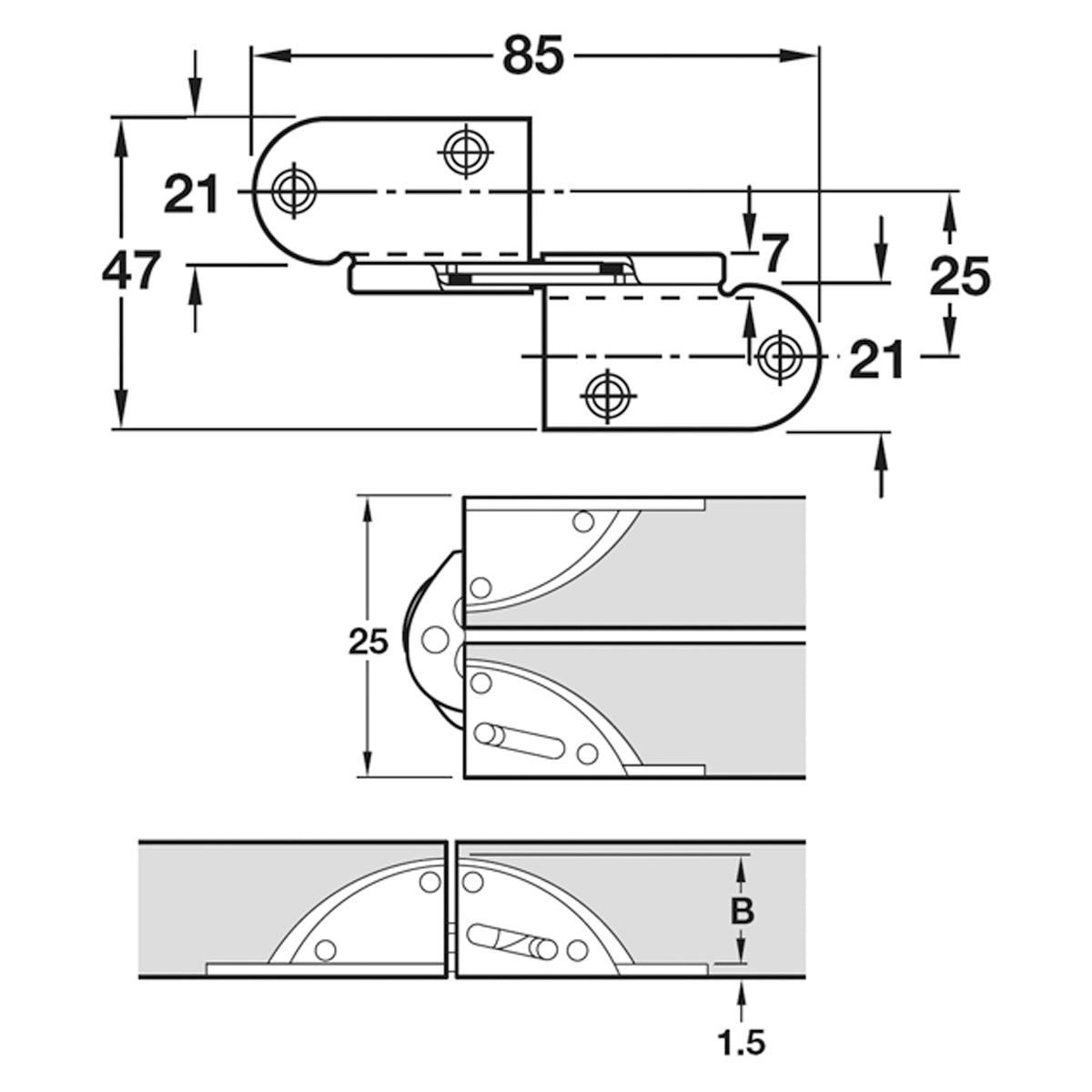 FOLDING TABLE HINGE FLUSH 18 ST/BGV