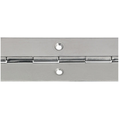 Close-up of 3500 × 32 × 0.7mm nickel-plated steel piano hinge with countersunk fixing holes