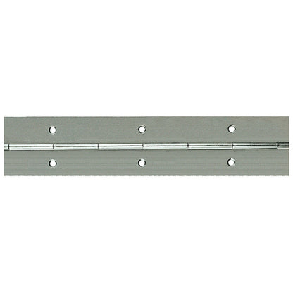 Close-up of 2000 × 32 × 0.7mm nickel-plated steel rolled piano hinge with drilled fixing holes