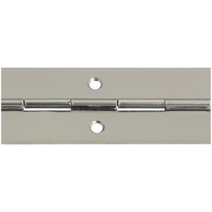 Close-up of 3500 × 32 × 0.7mm bright magnetic stainless steel piano hinge with countersunk fixing holes