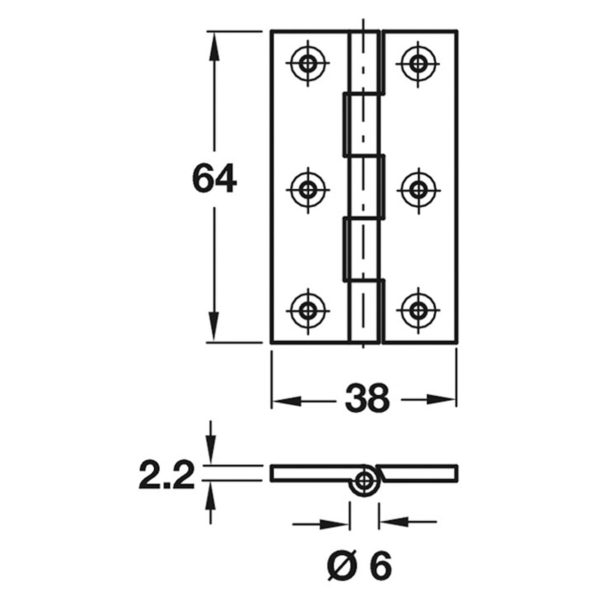 BUTT HINGE 207 HG 64x38x3 BRS