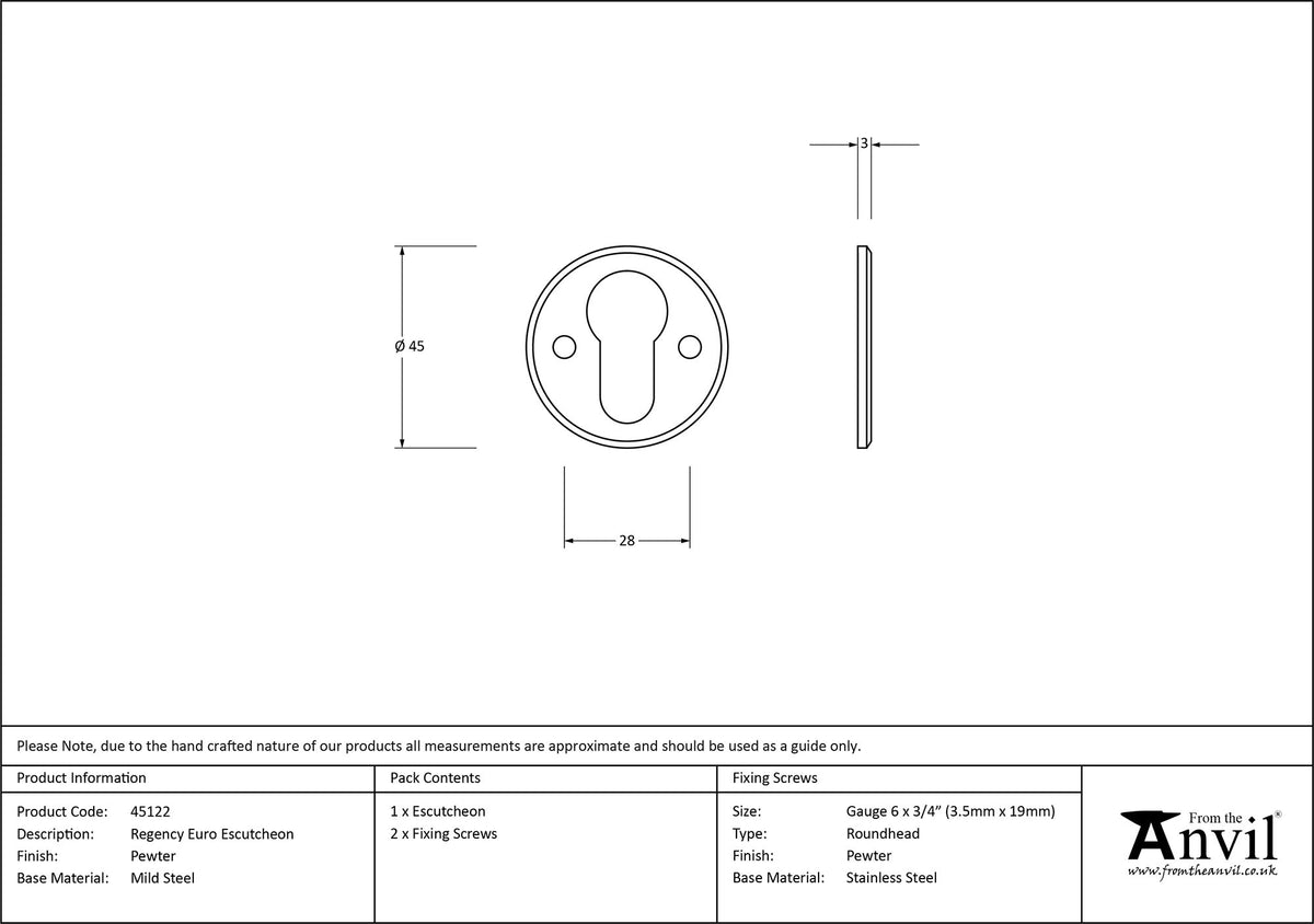 ESCUTCHEON REGENCY EURO 45x3 PEW - 45122 by MARCHES (ANVIL) ARCHITECTURAL HARDWARE