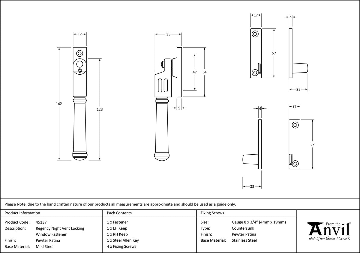 REGENCY NIGHT-VENT LOCKING FASTENER 142x17x35 PEW - 45137 by MARCHES (ANVIL) ARCHITECTURAL HARDWARE