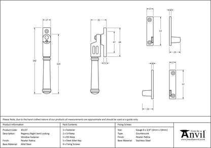 REGENCY NIGHT-VENT LOCKING FASTENER 142x17x35 PEW - 45137 by MARCHES (ANVIL) ARCHITECTURAL HARDWARE