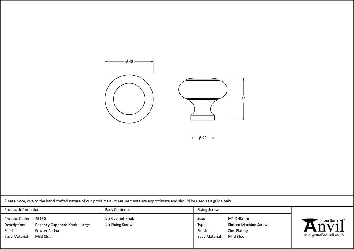 REGENCY CABINET KNOB 40x35x20 PEW - 45150 by MARCHES (ANVIL) ARCHITECTURAL HARDWARE
