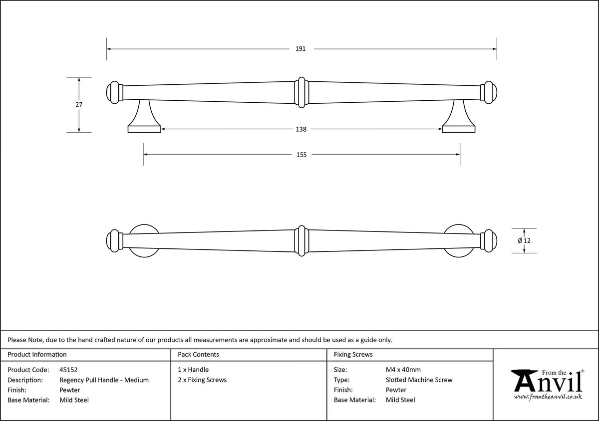 REGENCY PULL HANDLE 155HC 12x191x27 PEW - 45152 by MARCHES (ANVIL) ARCHITECTURAL HARDWARE