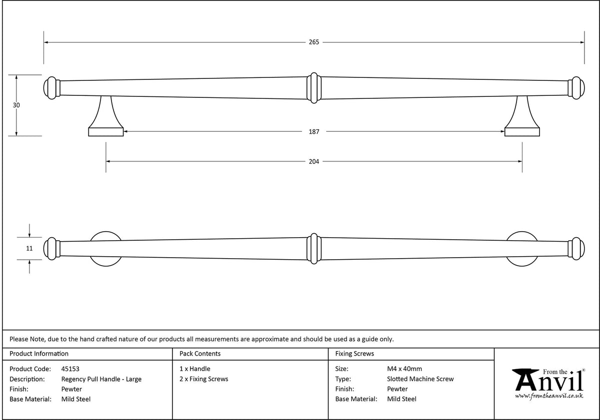 REGENCY PULL HANDLE 204HC 12x265x27 PEW - 45153 by MARCHES (ANVIL) ARCHITECTURAL HARDWARE