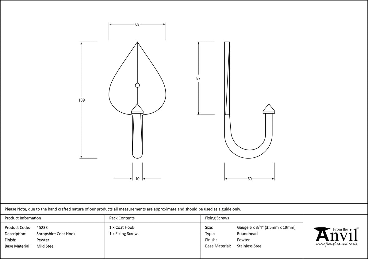 SHROPSHIRE COAT HOOK 139x68x60 PEW - 45233 by MARCHES (ANVIL) ARCHITECTURAL HARDWARE