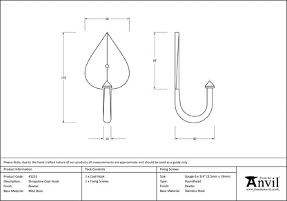 SHROPSHIRE COAT HOOK 139x68x60 PEW - 45233 by MARCHES (ANVIL) ARCHITECTURAL HARDWARE