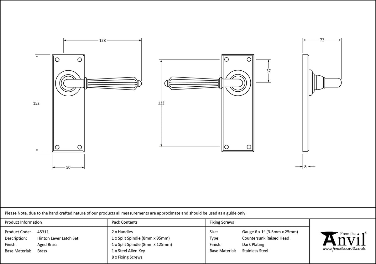 HINTON LEVER HANDLE+PLATE LATCH 128x152x72 AGBR - 45311 by MARCHES (ANVIL) ARCHITECTURAL HARDWARE