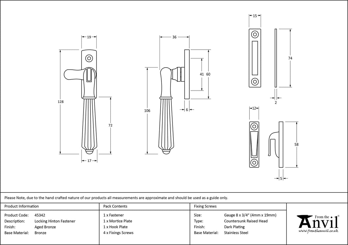 HINTON LOCKING FASTENER 128x19x36 AGBZ - 45342 by MARCHES (ANVIL) ARCHITECTURAL HARDWARE