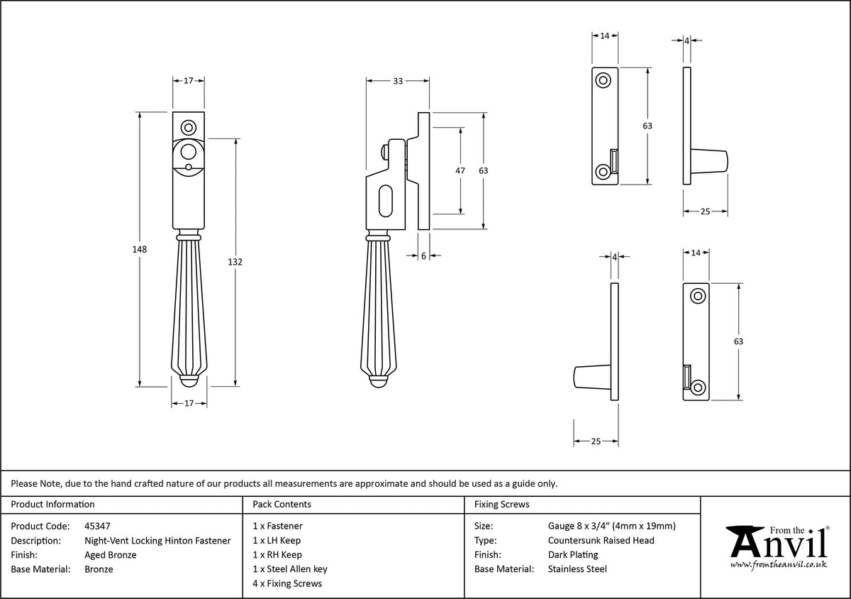 HINTON NIGHT-VENT LOCKING FASTENER 148x17x33 AGBZ - 45347 by MARCHES (ANVIL) ARCHITECTURAL HARDWARE