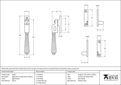 HINTON NIGHT-VENT LOCKING FASTENER 148x17x33 AGBZ - 45347 by MARCHES (ANVIL) ARCHITECTURAL HARDWARE