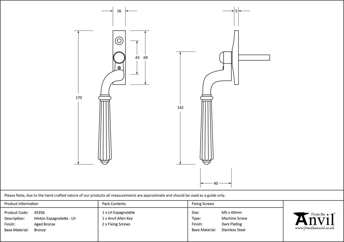 HINTON ESPAGNOLETTE LH 170x16x40 AGBZ - 45356 by MARCHES (ANVIL) ARCHITECTURAL HARDWARE