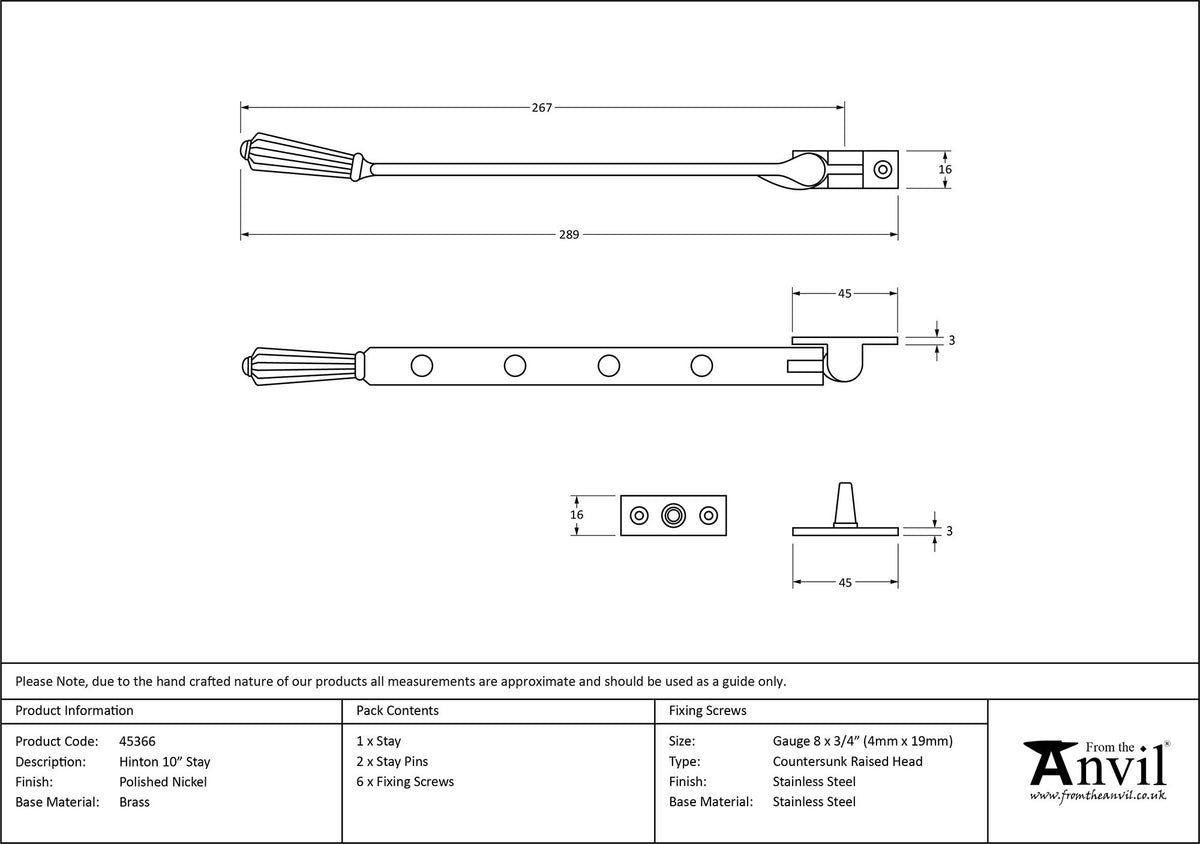 HINTON STAY 254 289x16x45 PNP - 45366 by MARCHES (ANVIL) ARCHITECTURAL HARDWARE