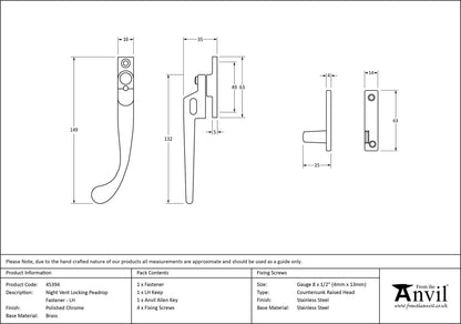 PEARDROP NIGHT VENT FASTENER LH 149x16x35 PCP - 45394 by MARCHES (ANVIL) ARCHITECTURAL HARDWARE