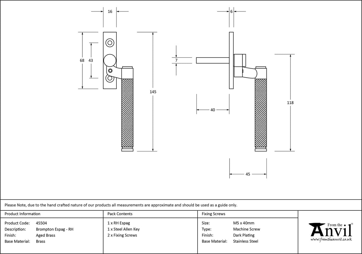 BROMPTON ESPAGNOLETTE RH 145x16x45 AGBR - 45504 by MARCHES (ANVIL) ARCHITECTURAL HARDWARE