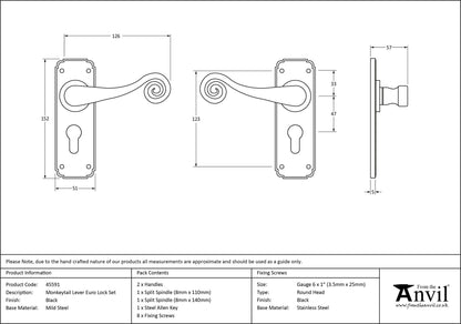 MONKEYTAIL LEVER HANDLE EURO LOCK 126x152x57 BLK - 45591 by MARCHES (ANVIL) ARCHITECTURAL HARDWARE