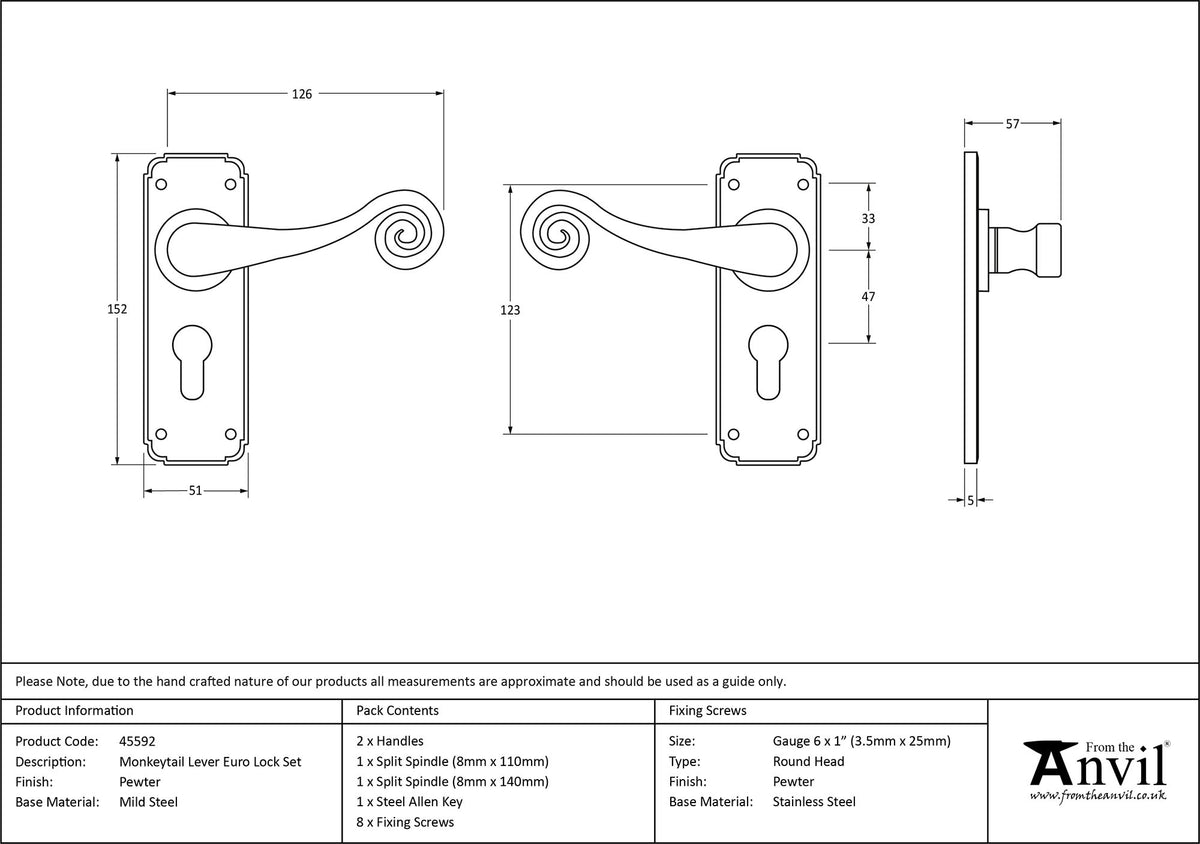 MONKEYTAIL LEVER HANDLE EURO LOCK 126x152x57 PEW - 45592 by MARCHES (ANVIL) ARCHITECTURAL HARDWARE
