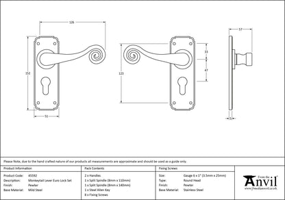 MONKEYTAIL LEVER HANDLE EURO LOCK 126x152x57 PEW - 45592 by MARCHES (ANVIL) ARCHITECTURAL HARDWARE
