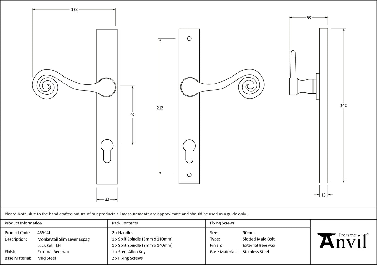 MONKEYTAIL SLIM LEVER ESPAGNOLETTE LOCK LH 128x242x58 EBX - 45594L by MARCHES (ANVIL) ARCHITECTURAL HARDWARE