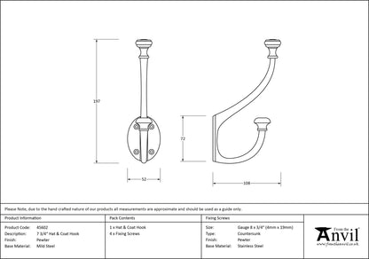 HAT+COAT HOOK 197x52x108 PEW - 45602 by MARCHES (ANVIL) ARCHITECTURAL HARDWARE