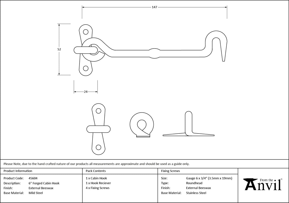 CABIN HOOK FORGED 147x55x12 BWX - 45604 by MARCHES (ANVIL) ARCHITECTURAL HARDWARE