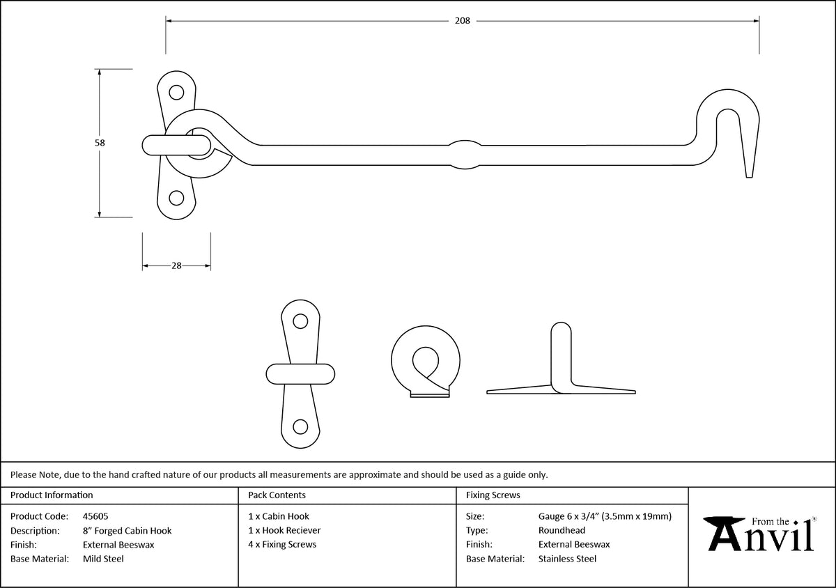 CABIN HOOK FORGED 208x60x14 BWX - 45605 by MARCHES (ANVIL) ARCHITECTURAL HARDWARE