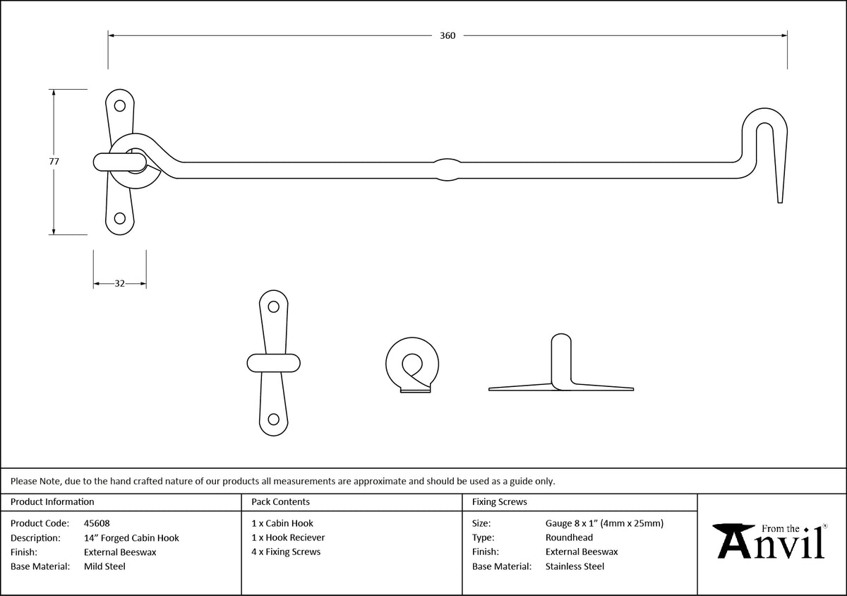 CABIN HOOK FORGED 367x77x17 BWX - 45608 by MARCHES (ANVIL) ARCHITECTURAL HARDWARE