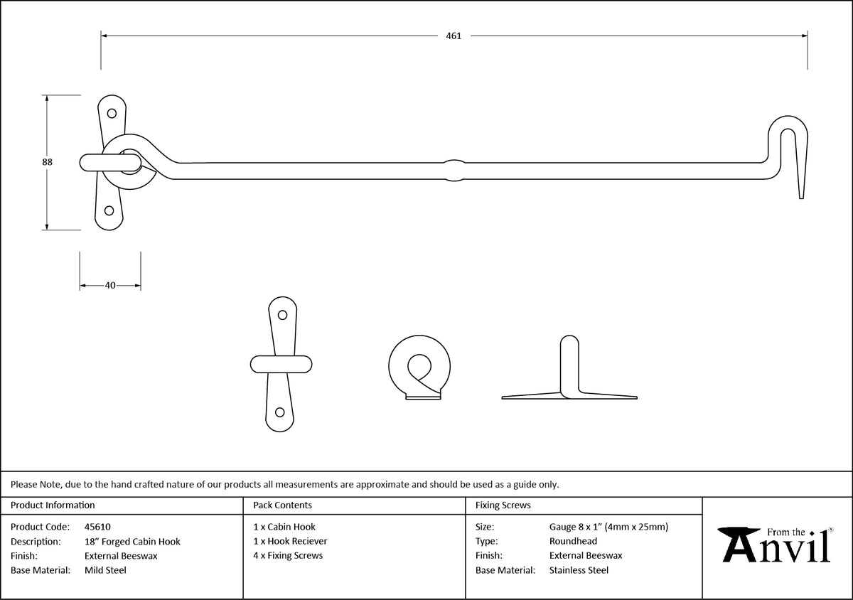 CABIN HOOK FORGED 461x87x20 BWX - 45610 by MARCHES (ANVIL) ARCHITECTURAL HARDWARE