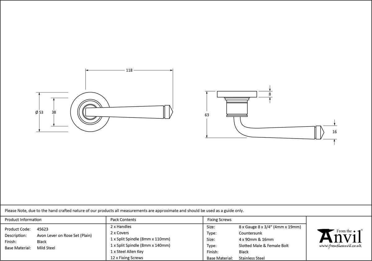 AVON LEVER HANDLE+ROSE SPRUNG PLAIN 53x118x63 BLK - 45623 by MARCHES (ANVIL) ARCHITECTURAL HARDWARE
