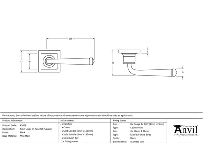 AVON LEVER HANDLE+ROSE SPRUNG SQUARE 53x118x63 BLK - 45626 by MARCHES (ANVIL) ARCHITECTURAL HARDWARE