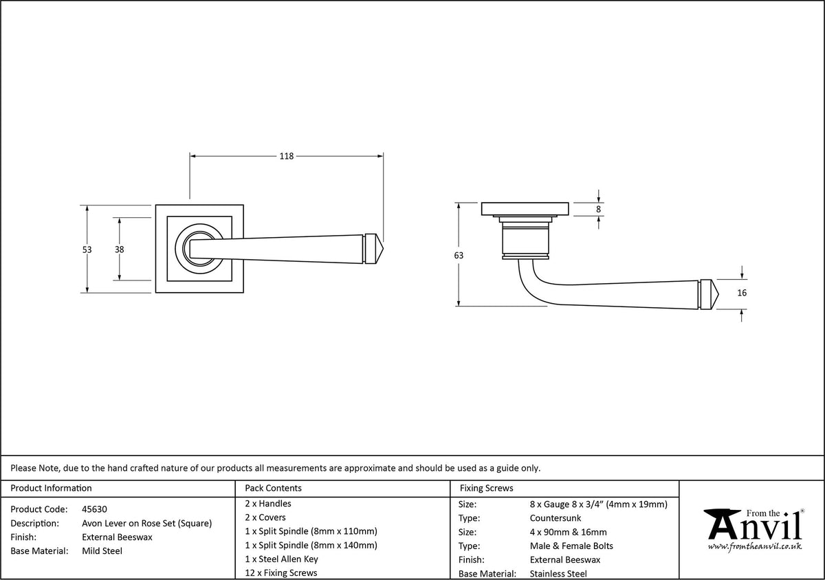AVON LEVER HANDLE+ROSE SPRUNG SQUARE 53x118x63 EBX - 45630 by MARCHES (ANVIL) ARCHITECTURAL HARDWARE