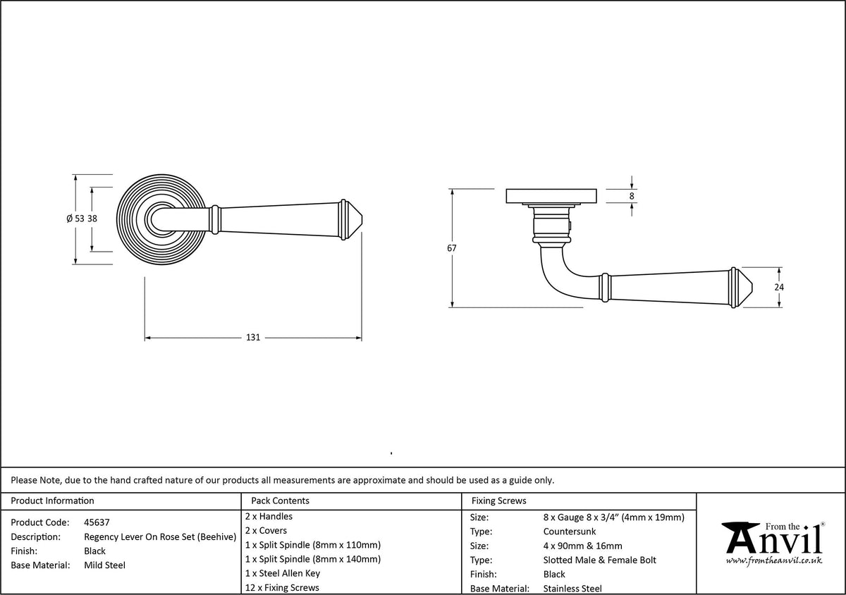 REGENCY LEVER HANDLE+ROSE SPRUNG BEEHIVE 53x131x67 BLK - 45637 by MARCHES (ANVIL) ARCHITECTURAL HARDWARE