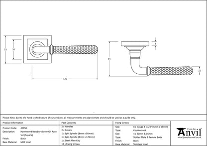 HAMMERED NEWBURY LEVER HANDLE+ROSE SPRUNG SQUARE 53x126x64 BLK - 45650 by MARCHES (ANVIL) ARCHITECTURAL HARDWARE