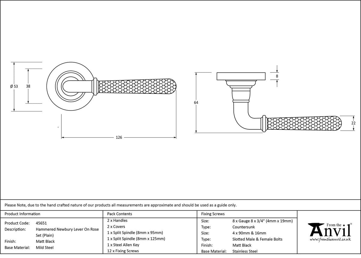 HAMMERED NEWBURY LEVER HANDLE+ROSE SPRUNG PLAIN 53x126x64 MBK - 45651 by MARCHES (ANVIL) ARCHITECTURAL HARDWARE