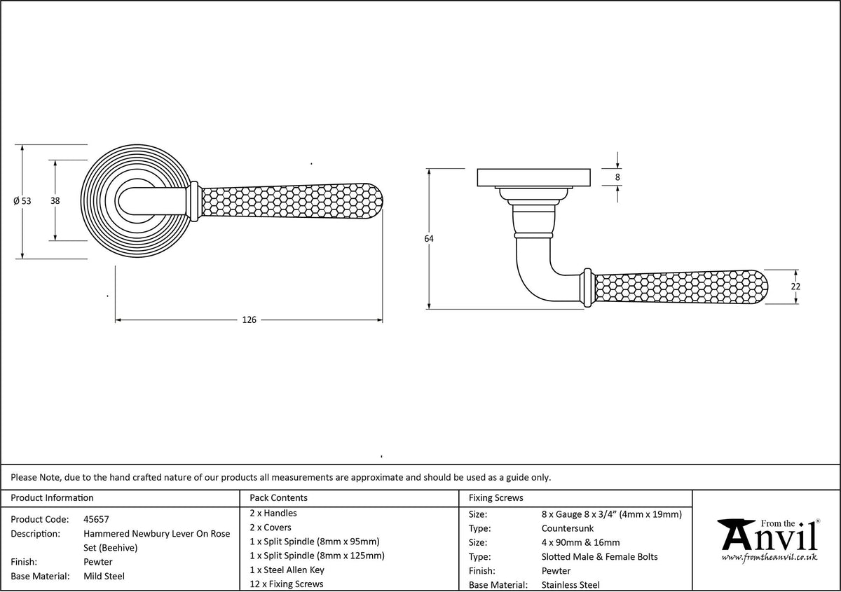 HAMMERED NEWBURY LEVER HANDLE+ROSE SPRUNG BEEHIVE 53x126x64 PEW - 45657 by MARCHES (ANVIL) ARCHITECTURAL HARDWARE