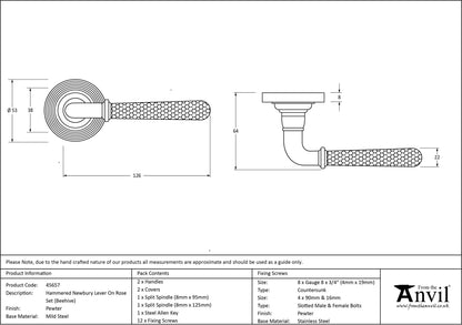 HAMMERED NEWBURY LEVER HANDLE+ROSE SPRUNG BEEHIVE 53x126x64 PEW - 45657 by MARCHES (ANVIL) ARCHITECTURAL HARDWARE