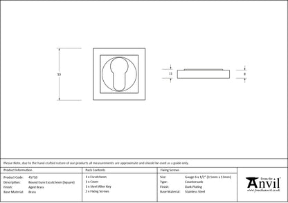 ESCUTCHEON ROUND EURO CNC SQUARE 53x53x8 AGBR - 45710 by MARCHES (ANVIL) ARCHITECTURAL HARDWARE