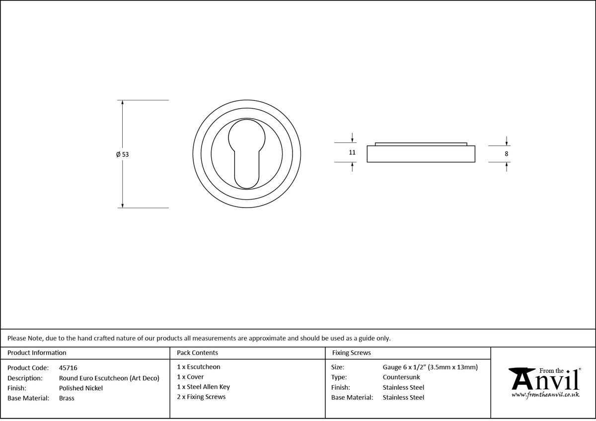 ESCUTCHEON ROUND EURO CNC ART DECO 53x8 PNP - 45716 by MARCHES (ANVIL) ARCHITECTURAL HARDWARE