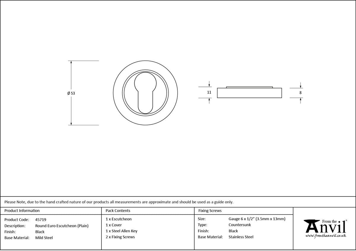 ESCUTCHEON ROUND EURO CNC PLAIN 53x8 BLK - 45719 by MARCHES (ANVIL) ARCHITECTURAL HARDWARE
