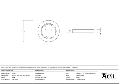 ESCUTCHEON ROUND EURO CNC PLAIN 53x8 BLK - 45719 by MARCHES (ANVIL) ARCHITECTURAL HARDWARE